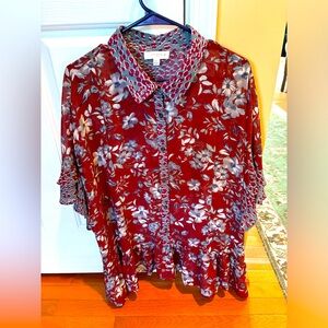 Umgee Red Floral Blouse with Gray Accents